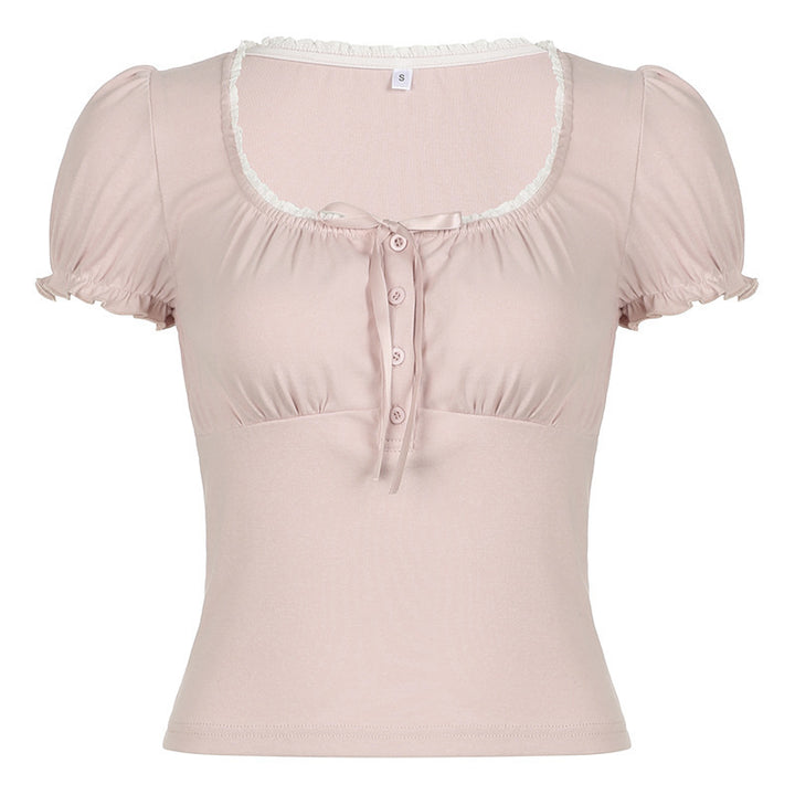Damen Kurzarmshirt mit dekorativen Rüschendetails und Knopfleiste Drune