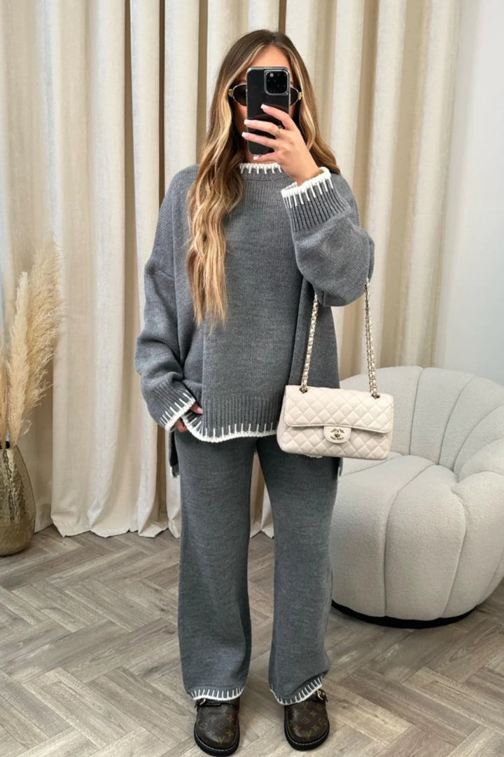 Damen nan lässiger Strick-Hausanzug mit Oversize-Pullover und weiter Strickhose Drune