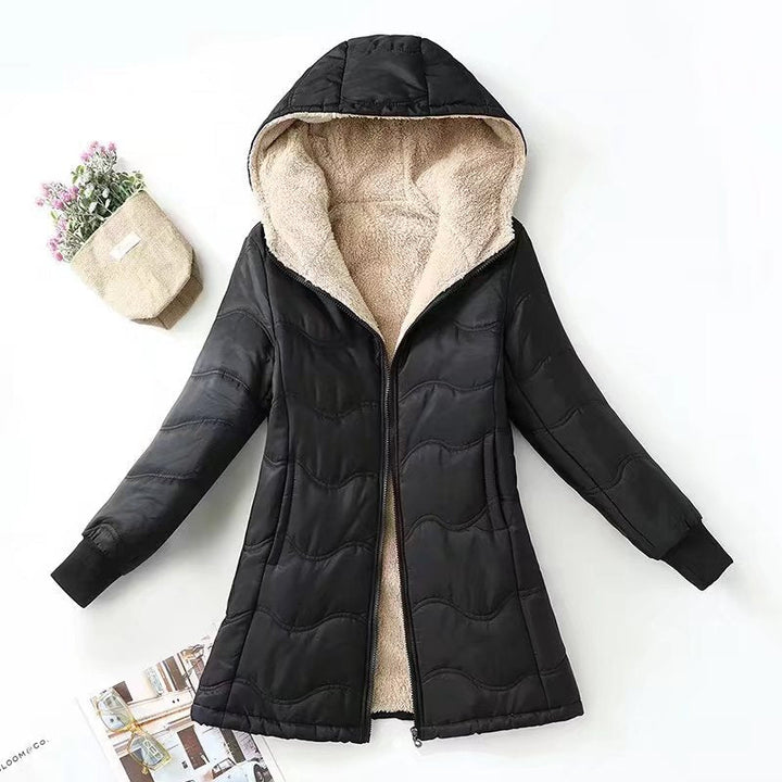 Drune | Damen Steppmantel – Sherpa-Futter – Mit Kapuze – Rippbündchen – Lockere Passform – Mittellang