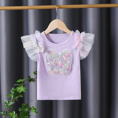 Mädchen T-Shirt mit funkelndem Schmetterlingsmotiv und Rüschendetails Drune