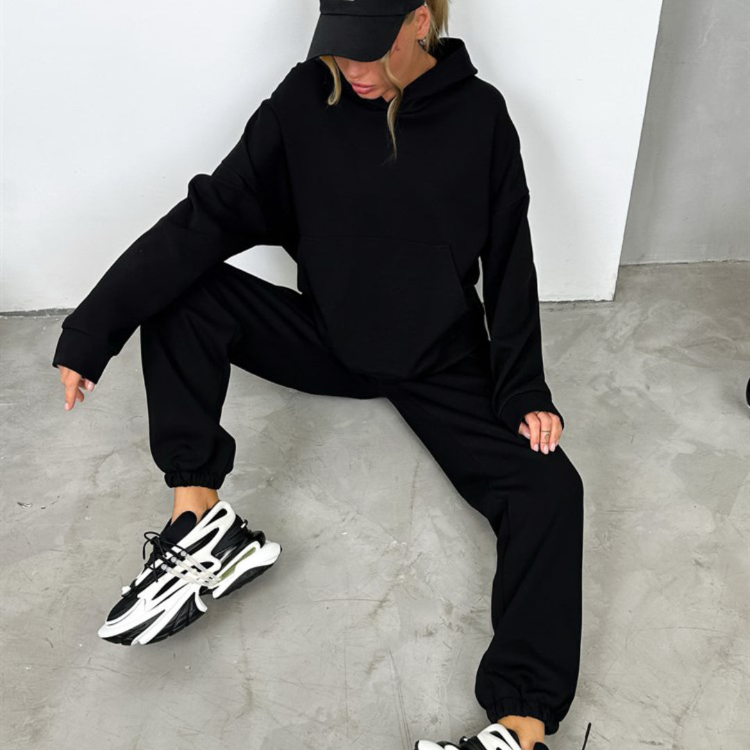 Damen nan Cropped Kapuzenpullover und taillierte Bündchen-Jogginghose Set aus schwerem French Terry Drune
