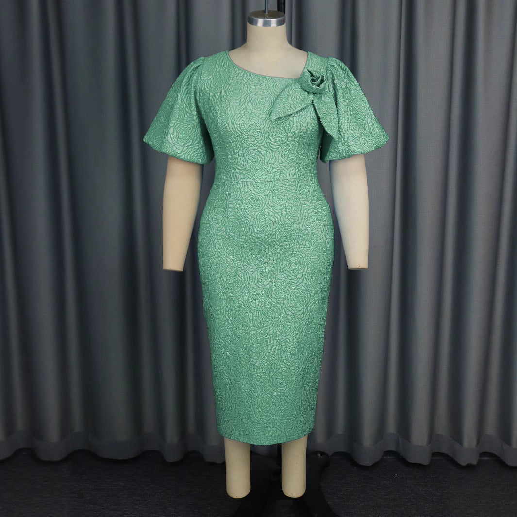 Damen elegantes Etuikleid mit fließenden Puffärmeln und Blumenapplikation Drune