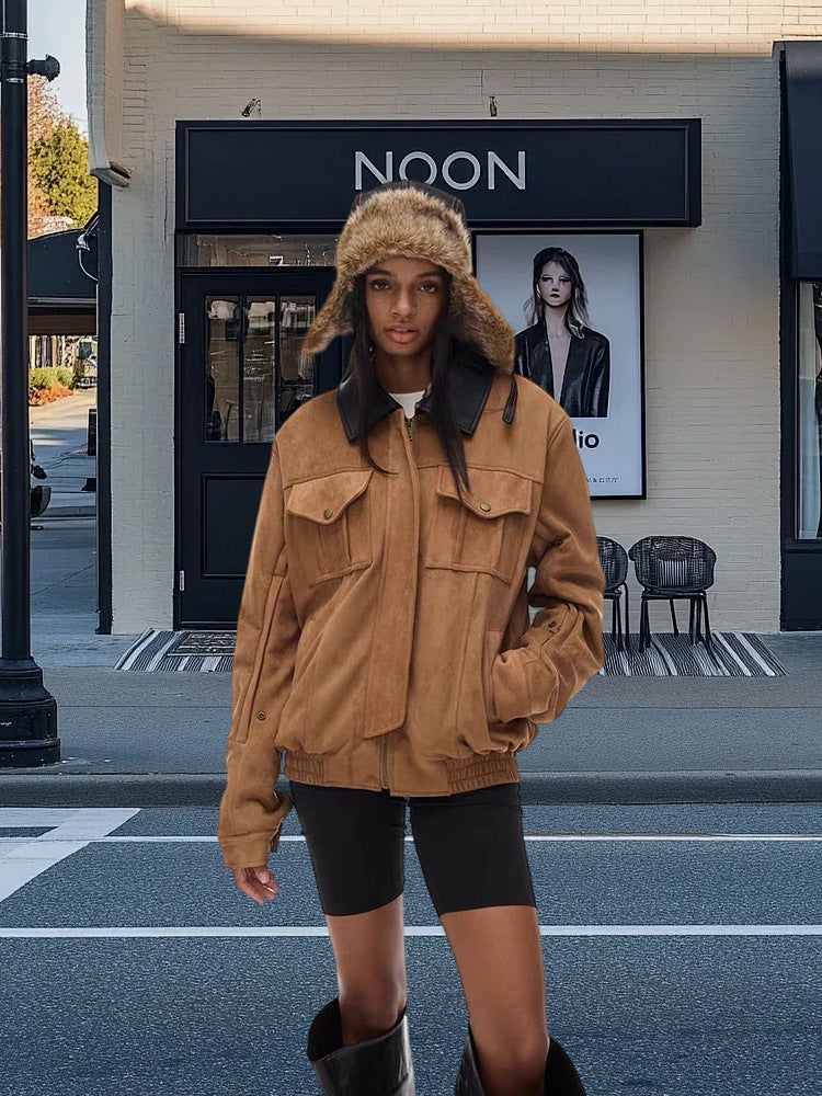 Damen Trendige Suede Jacke mit abnehmbarem Pelzkragen Drune