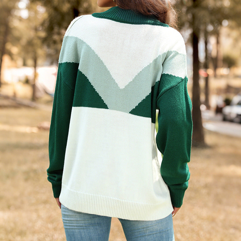 Damen Pullover im modischen Colorblock-Design mit Knopfleiste und hohem Kragen Drune