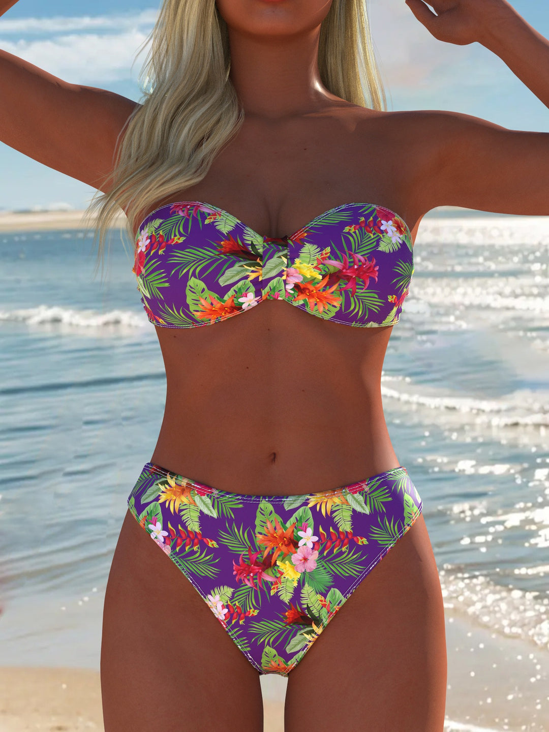 Damen Bandeau-Bikini-Set mit floralem Design und hohem Taillenbund Drune