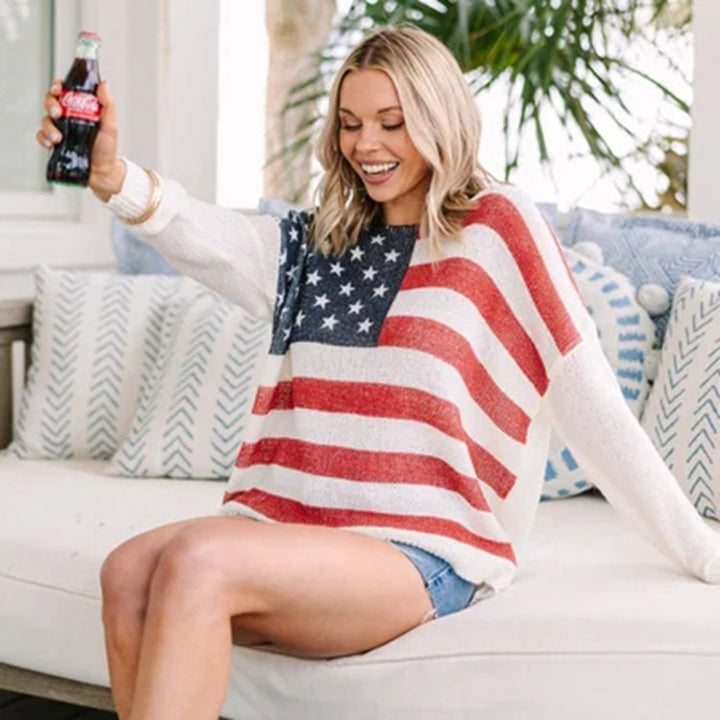 Damen Strickpullover mit patriotischem Flaggenmuster Drune