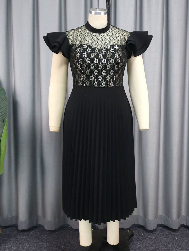 Damen Elegantes Plisseekleid mit floralem Spitzenoberteil Drune