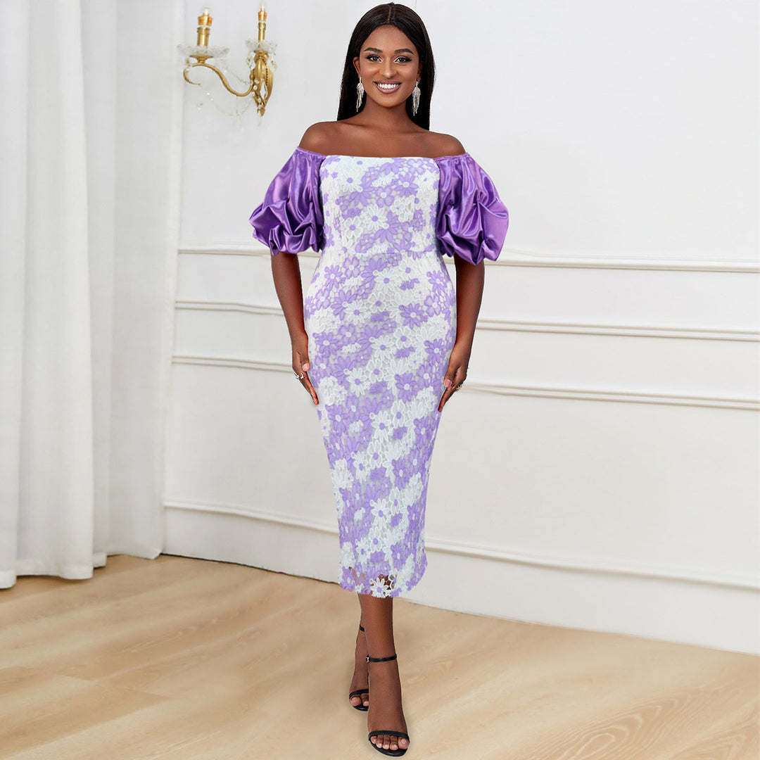 Damen Elegantes Spitzenkleid mit voluminösen Puffärmeln Drune