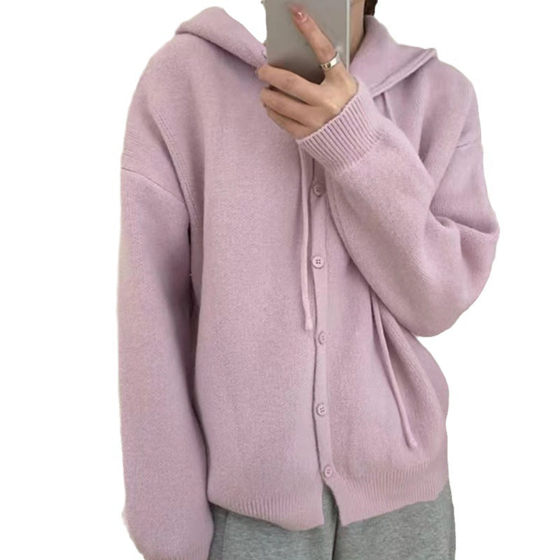 Damen kuschelige Strickjacke mit Kapuze und Knopfverschluss Drune