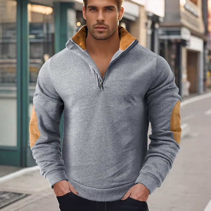 Herren nan Kurzzip-Stehkragenpullover mit Kontrastkragen und Wildleder-Ellenbogenpatches Drune