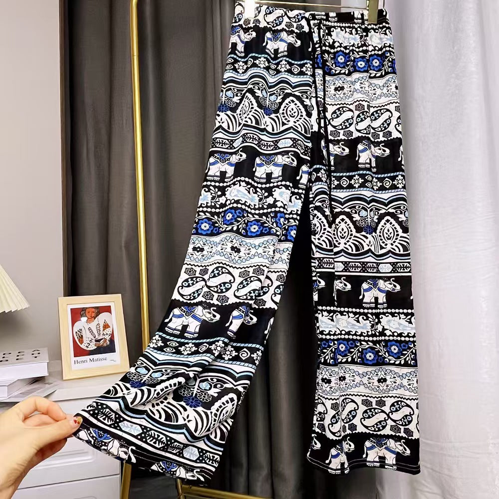 Damen Lässige Palazzo-Hose mit Elefantenmuster und elastischem Bund Drune