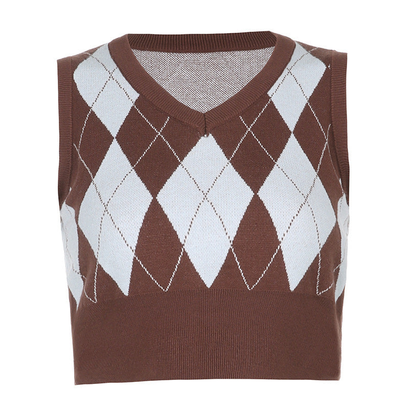 Damen cropped Stricktop mit modernem Rautenmuster Drune