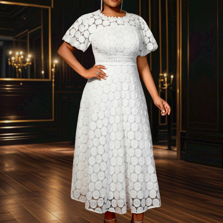 Damen Midi-Kleid mit eleganter Spitzenapplikation und Puffärmeln Drune