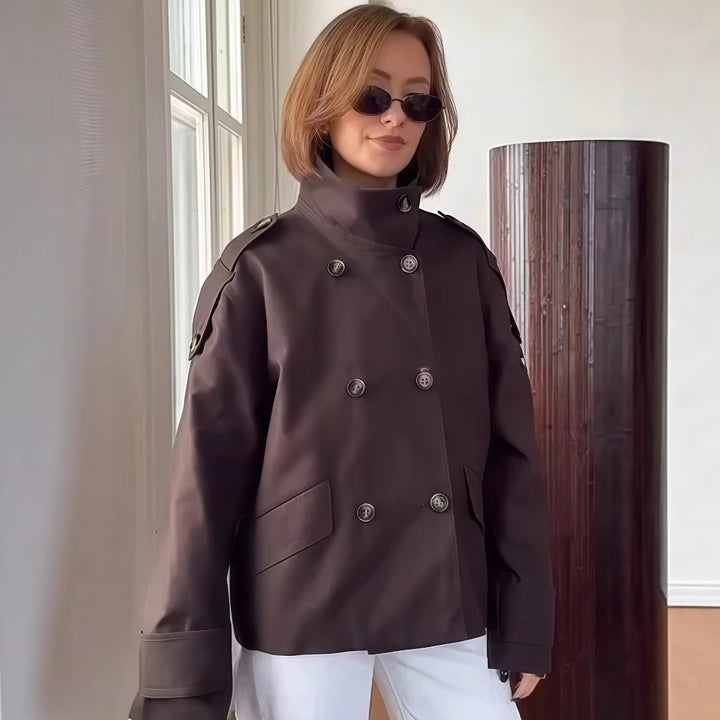 Damen modische Doppelreiher-Jacke mit hohem Kragen und strukturiertem Design Drune