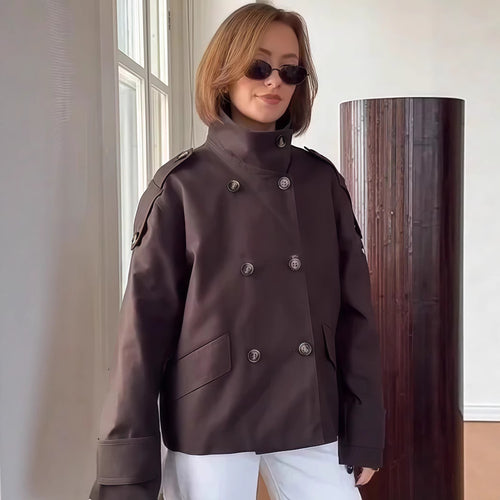 Damen modische Doppelreiher-Jacke mit hohem Kragen und strukturiertem Design Drune