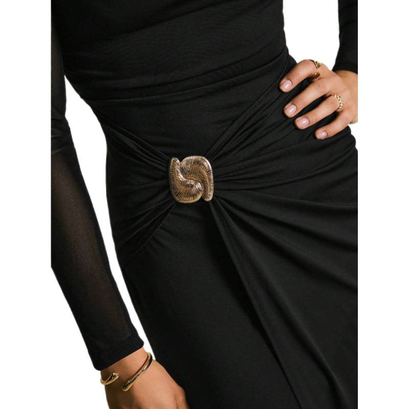 Damen Elegantes Wickelkleid mit transparenten Ärmeln und hohem Schlitz Drune