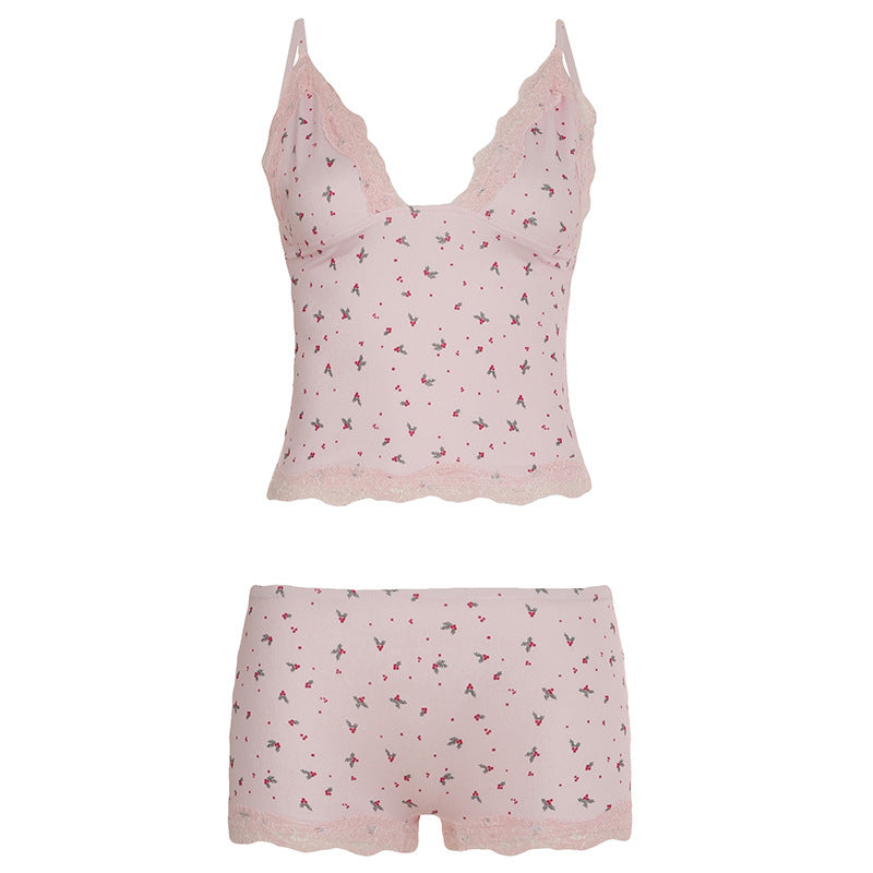 Damen Nachtwäsche-Set mit zarten Spitzenakzenten und verspieltem Blumenmuster Drune