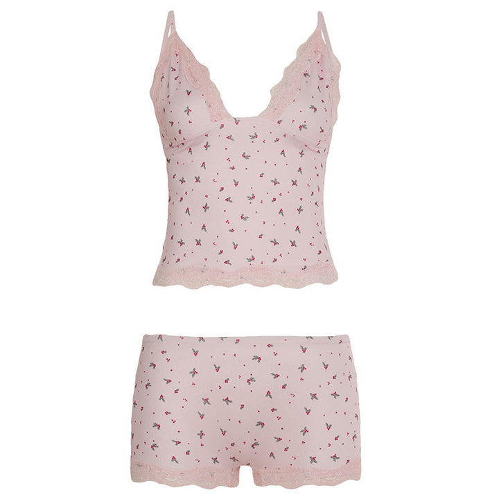 Damen Nachtwäsche-Set mit zarten Spitzenakzenten und verspieltem Blumenmuster Drune