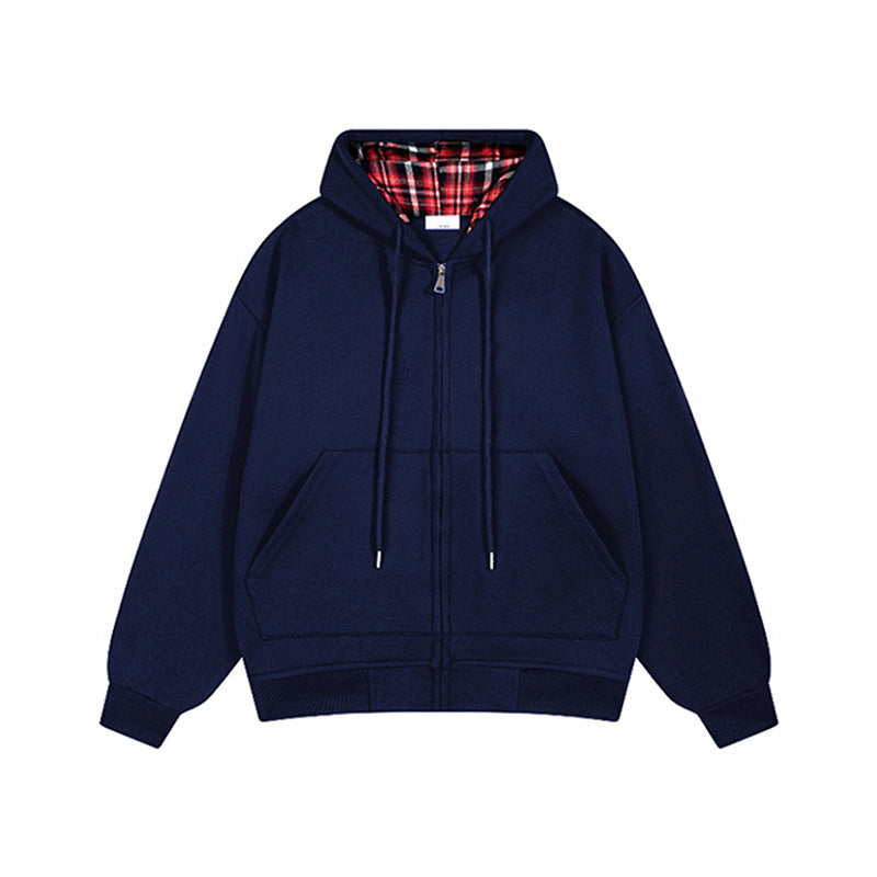 Damen lässige Kapuzenjacke mit Karo-Innenfutter und durchgehendem Reißverschluss Drune