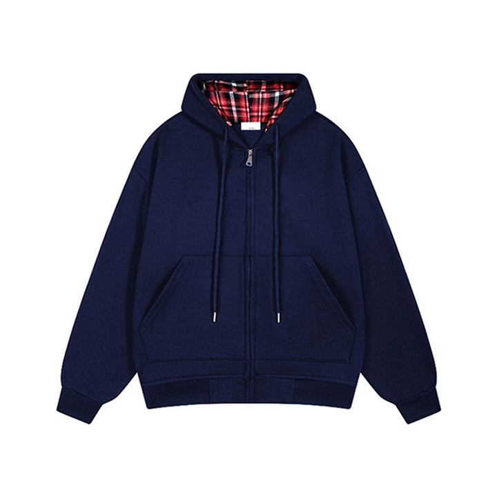 Damen lässige Kapuzenjacke mit Karo-Innenfutter und durchgehendem Reißverschluss Drune