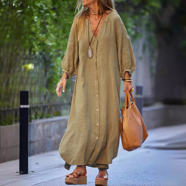 Damen lässiges Maxikleid mit durchgehender Knopfleiste und Ballonärmeln Drune