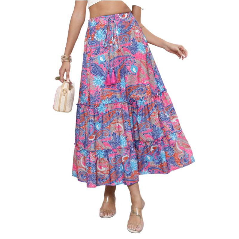 Damen Midi-Rock im verspielten Boho-Stil mit buntem Paisleymuster und voluminösem Saum Drune