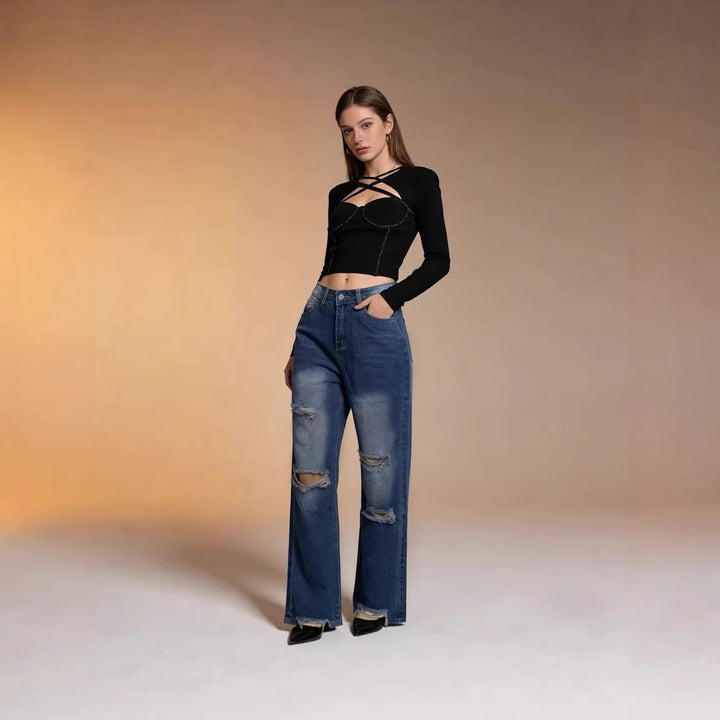 Damen weite Jeans mit stylischem Destroyed-Detail und bequemer Passform Drune
