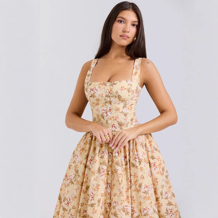 Damen Midi-Kleid mit elegantem floralem Muster und schmalen Trägern Drune
