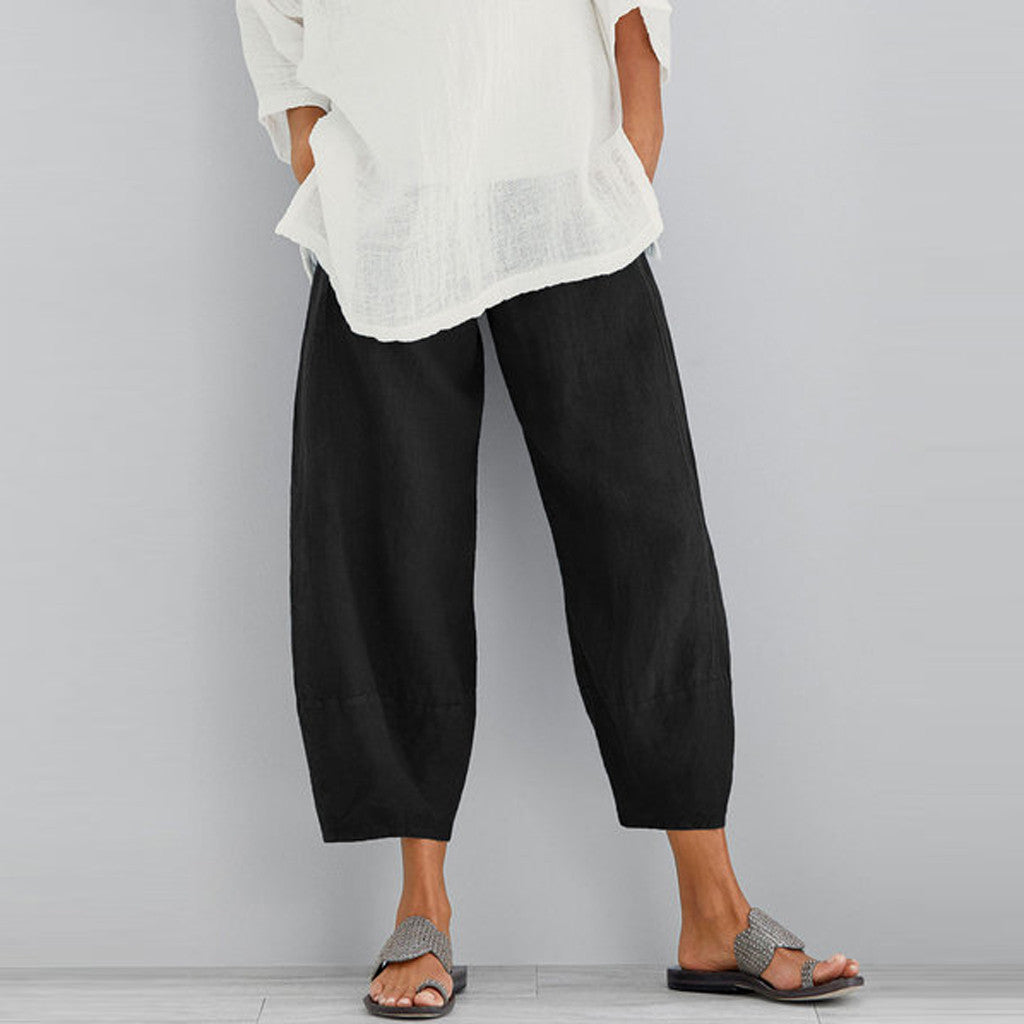 Damen nan weit geschnittene Leinenhose mit Tulpen-Saum und elastischem Bund Drune