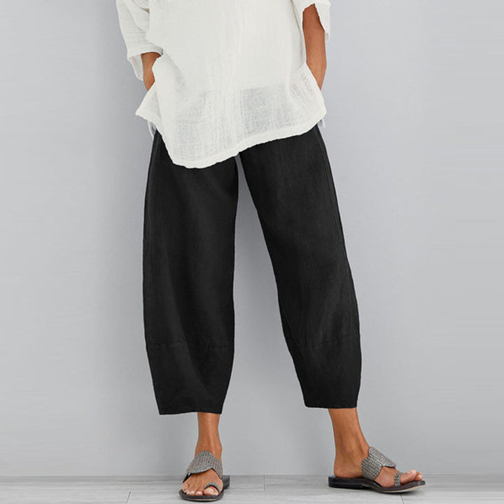 Damen nan weit geschnittene Leinenhose mit Tulpen-Saum und elastischem Bund Drune