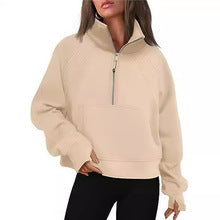 Damen nan weit geschnittenes Kurzpullover mit Stehkragen, halbem Reißverschluss und Kängurutasche Drune