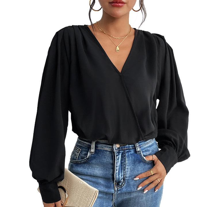 Damen elegante Bluse mit tiefem V-Ausschnitt und voluminösen Ärmeln Drune