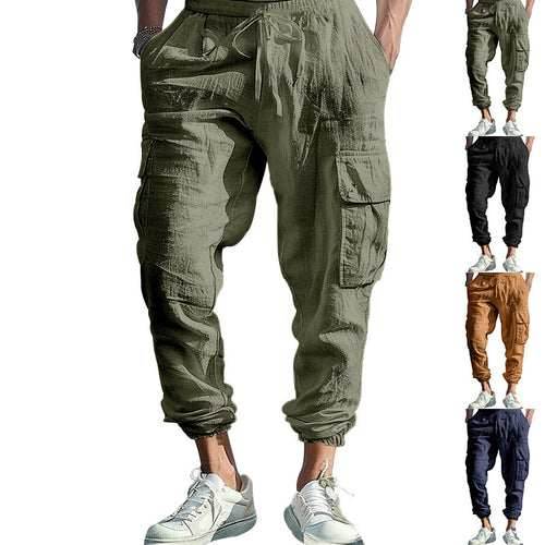 Herren nan lässige Cargohose im Joggerstil mit Crinkle-Leinenoptik Kordelbund und Mehrfachtaschen Drune