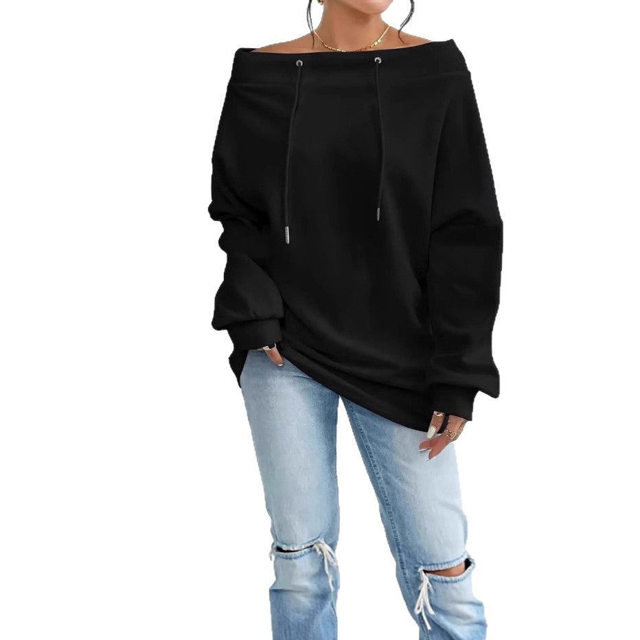 Damen lässiger Oversized-Pullover mit offenem Kragen und praktischen Kordelzügen Drune