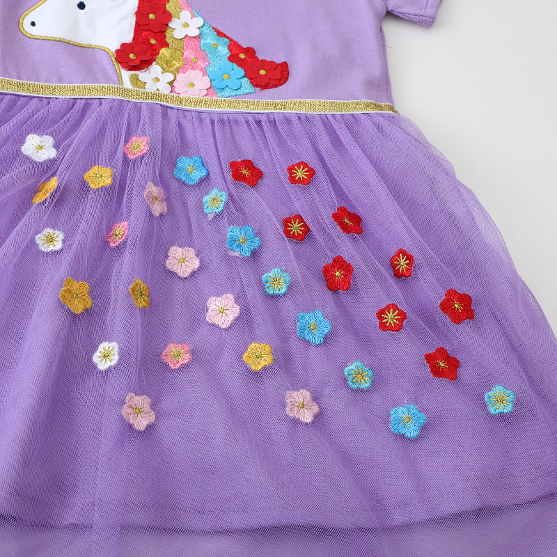Mädchen Tüllkleid mit bunten Einhorn- und Blumenapplikationen Drune
