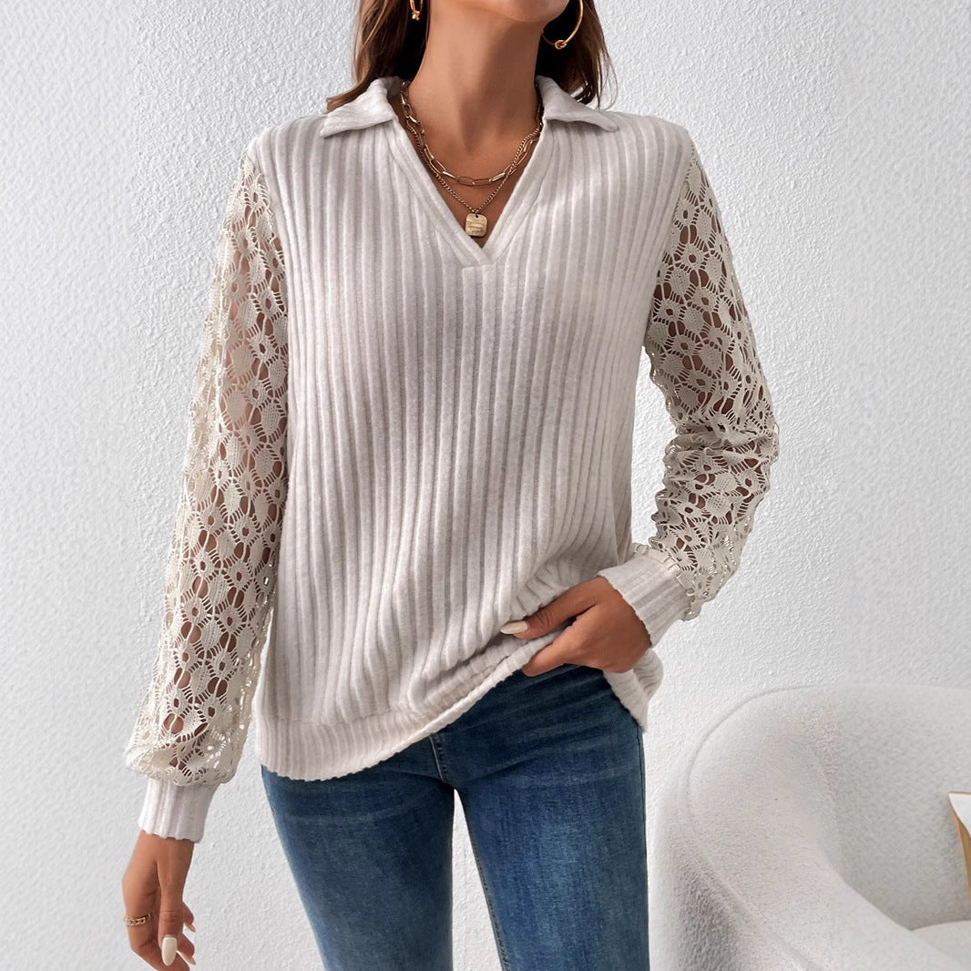 Damen V-Ausschnitt Bluse mit Spitzenärmel und Rippstruktur Drune