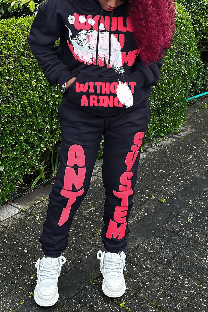 Damen Hoodie- und Jogginghose-Set mit auffälligem Schriftzug und gemütlichem Schnitt Drune