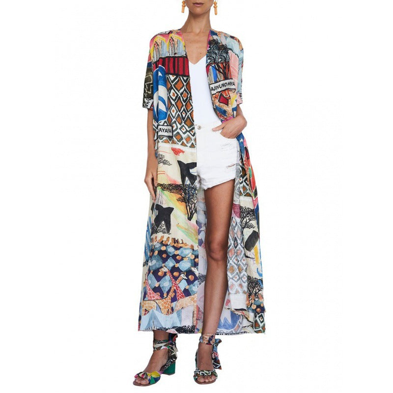 Damen Kimono mit buntem Patchwork-Design und fließendem Stoff Drune