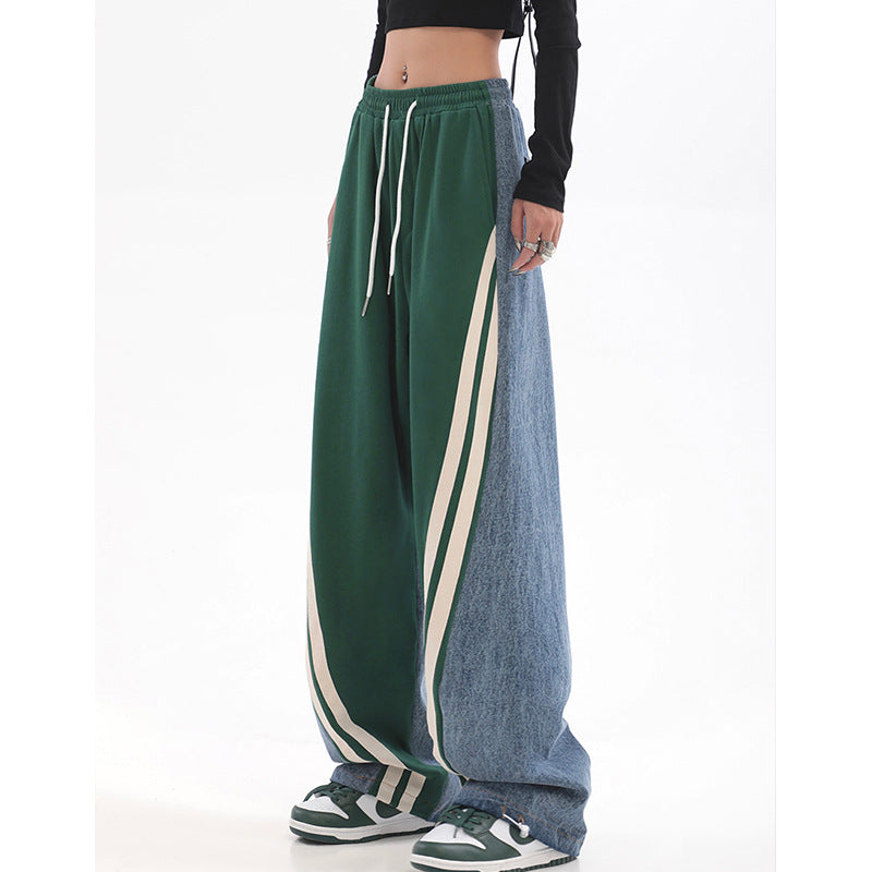 Damen nan weite Jogginghose mit hoher Taille und Jeansstoffeinsätzen sowie Seitenstreifen Drune