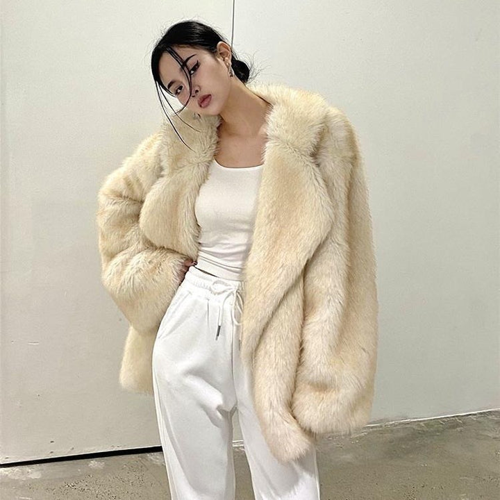 Damen Modische Plüschjacke mit breitem Revers Drune