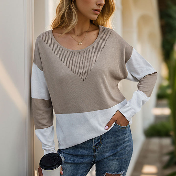 Damen lässiger Strickpullover mit modernem Blockdesign und hohem Rundhals Drune