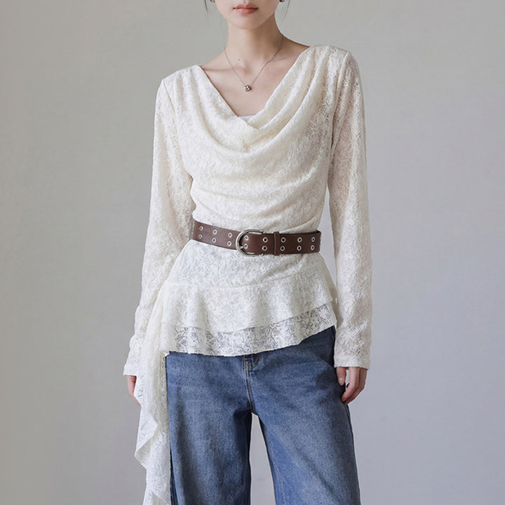 Damen nan drapiertes Spitzen-Top mit asymmetrischem Zipfelsaum und Taillengürtel Drune