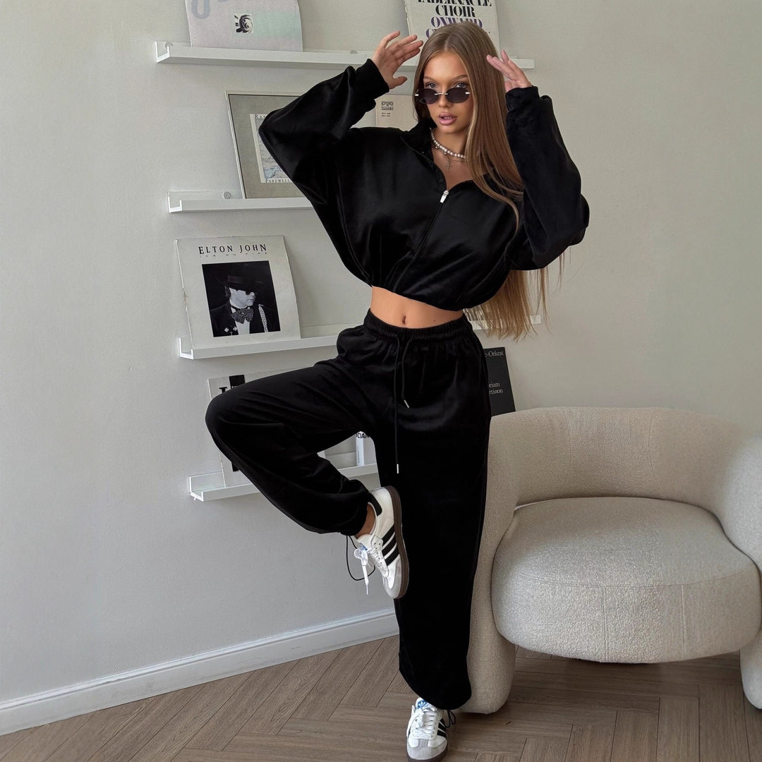 Damen Sportliches Velours-Loungewear-Set mit Reißverschluss und Kapuze Drune