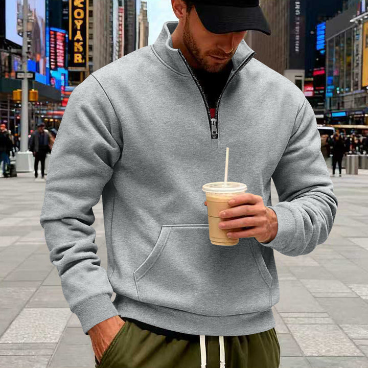 Herren nan Halbzip-Sweatshirt mit Kängurutasche, elastischen Rippbündchen und hohem Stehkragen Drune
