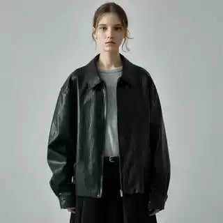 Damen lässige Oversized-Lederjacke mit praktischen Taschen Drune