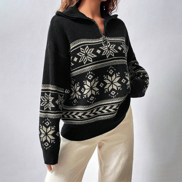 Damen Winterpullover mit modernem Schneeflocken-Design und hohem Kragen Drune