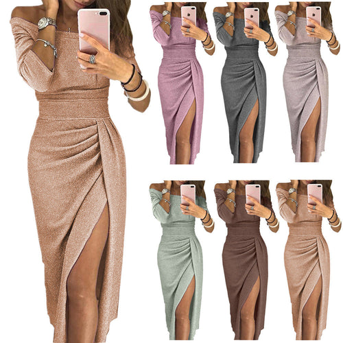 Damen glamouröses Midikleid mit Off-Shoulder-Design und schimmerndem Stoff Drune