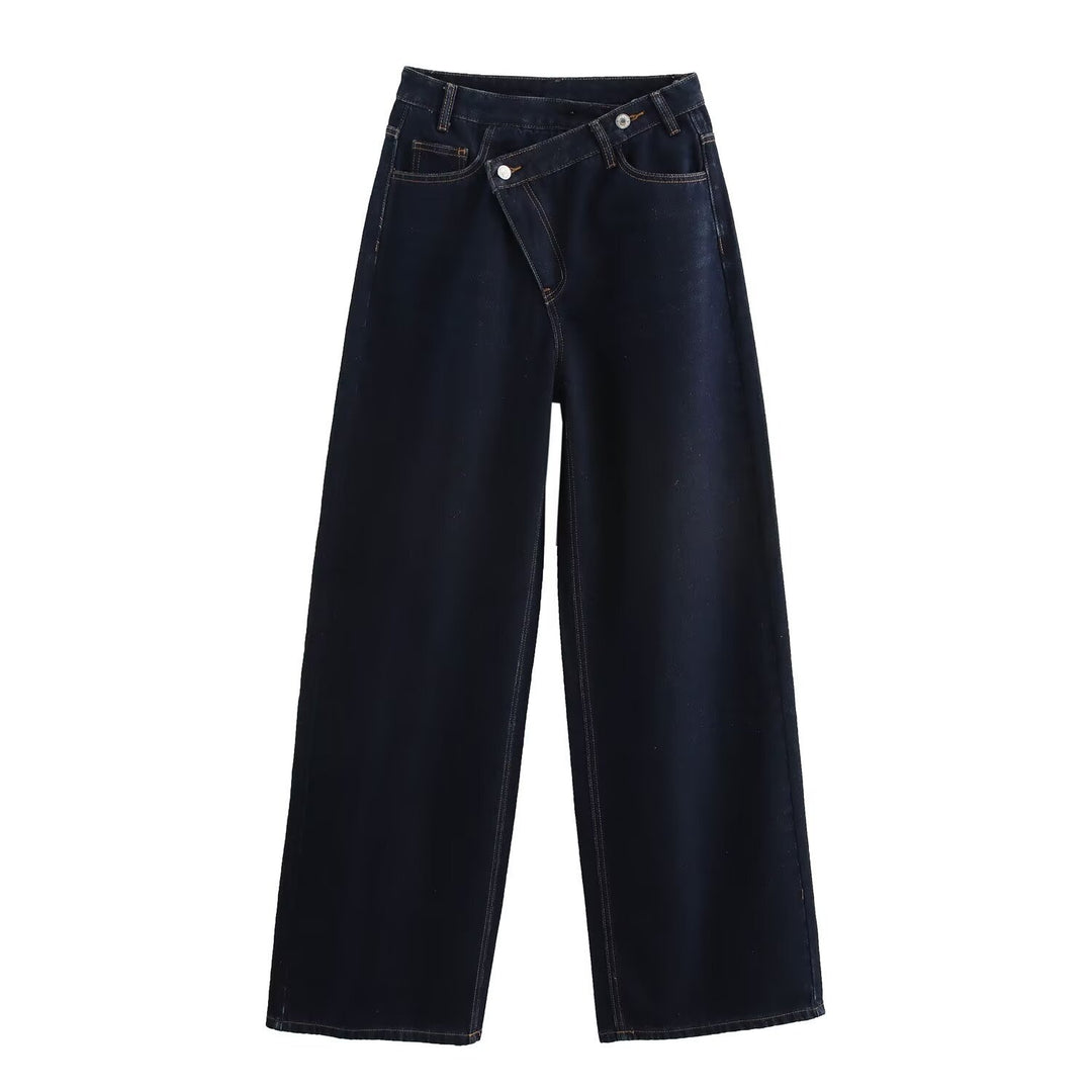 Damen weit geschnittene Jeans mit asymmetrischem Knopfverschluss und hohen Taillen Drune