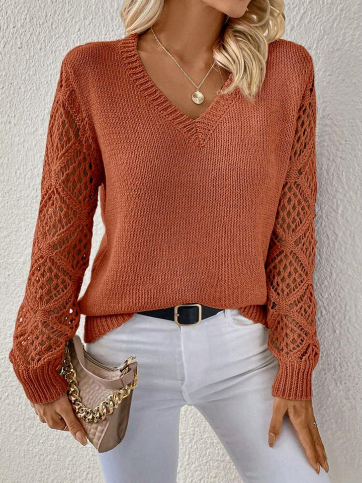 Damen lockerer V-Ausschnitt Strickpullover mit Schnüremuster Drune
