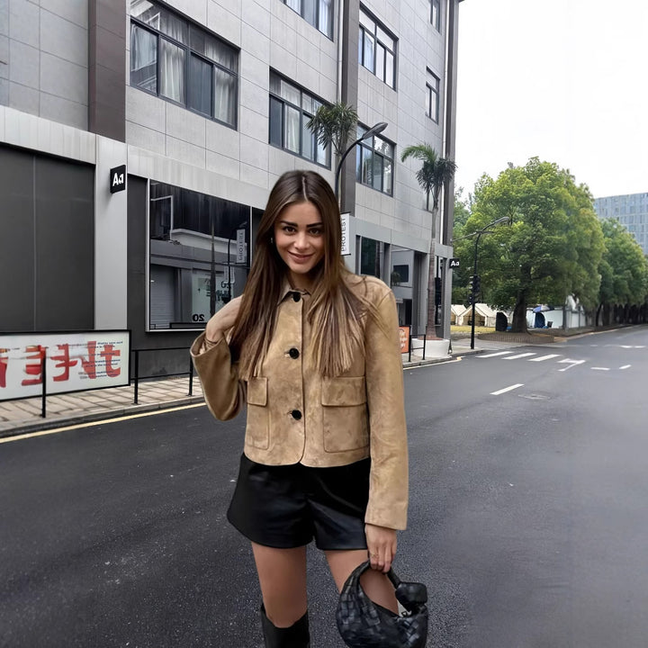 Damen modische Wildlederjacke mit aufgesetzten Taschen Drune